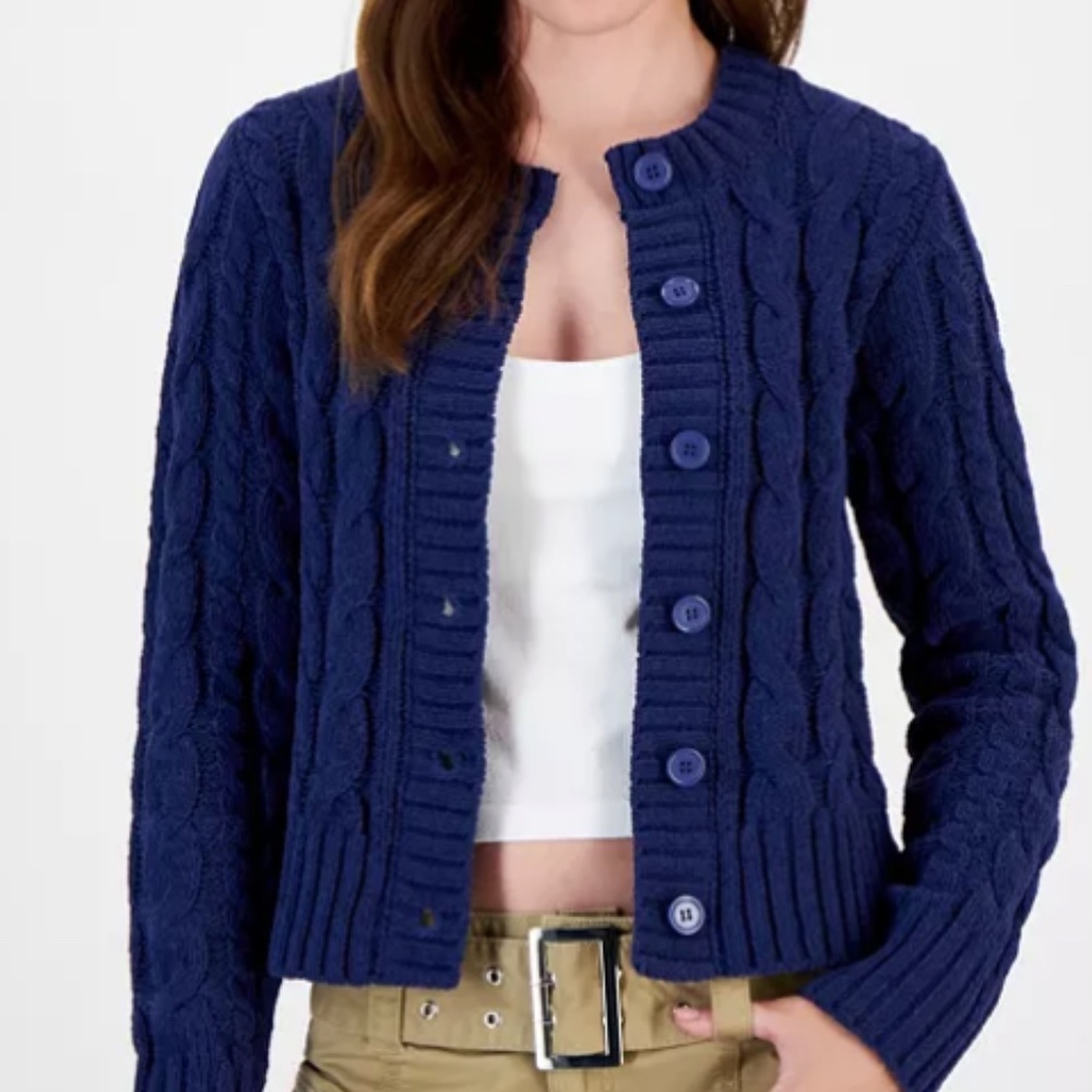 Hippie Rose Juniors Crewneck Chunky Cable Knit Cardigan - Olive Green soft